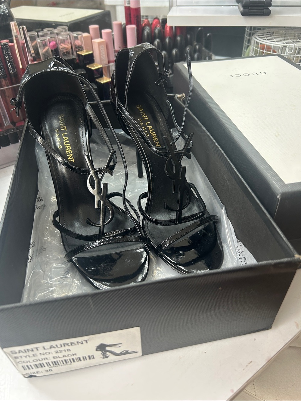 Saint Laurent Black Patent Lace-Up YSL Sandals - Picture 2 of 3